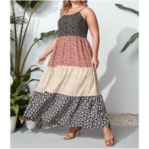 Boho Plus Floral Print Color Block Cami Maxi Dress